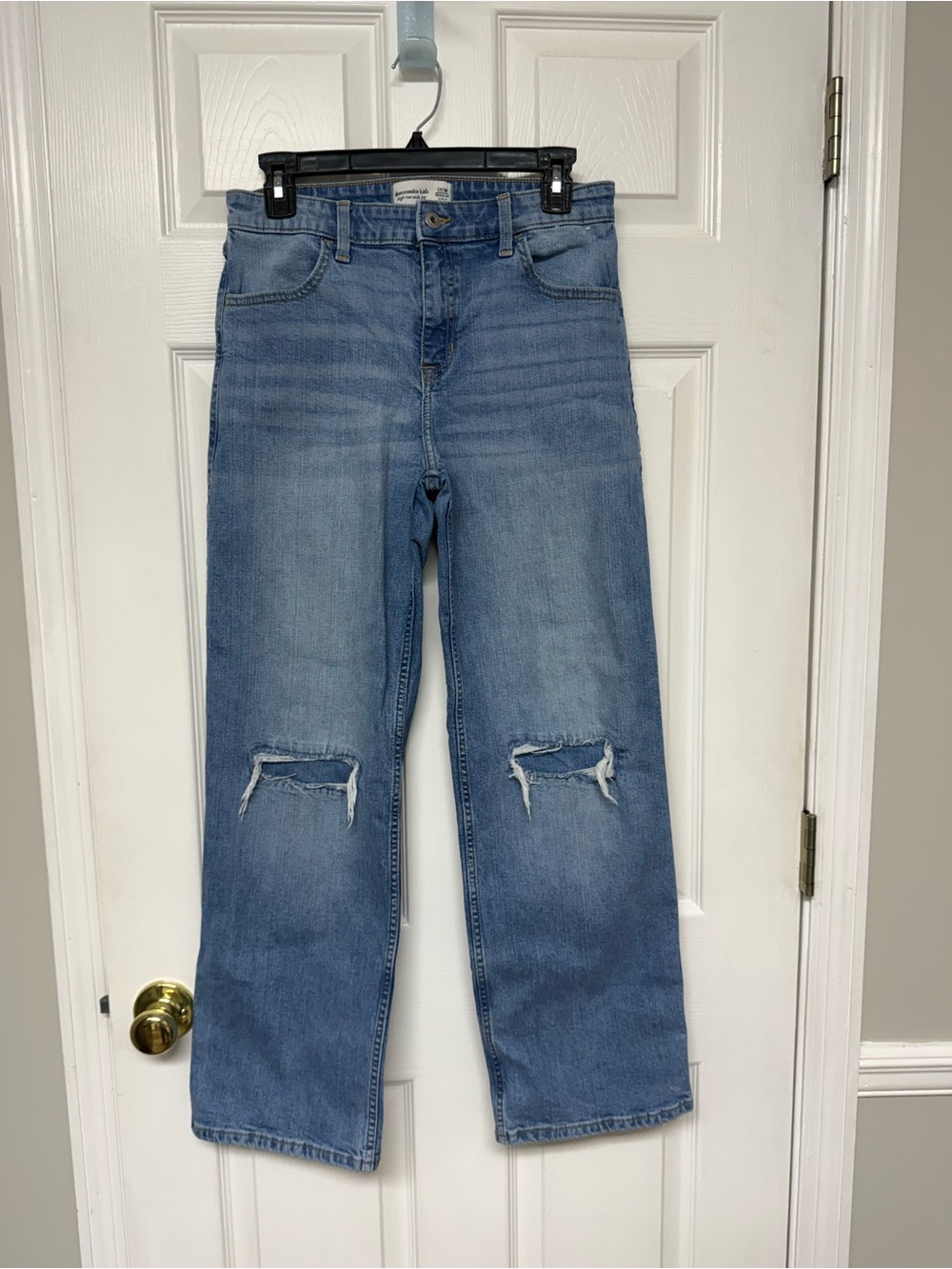 abercrombie kids denim jeans with tan stitching adjustable waist tabs